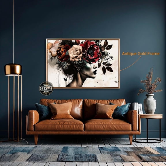 Lady Floral Head Wall Art Dark Botanical Woman Portrait Art Poster Abstract Modern Wall Decor Poster Ready To Hang, Unframed Poster Size 8x12