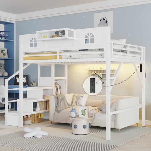 Mirightone Queen Size Metal Loft Bed with Storage Wardrobe & Staircase, High Loft Bed with Light & Charging Station for Teens Adults, Tall Loft Bed Frame with Full-Length Guardrail (White)