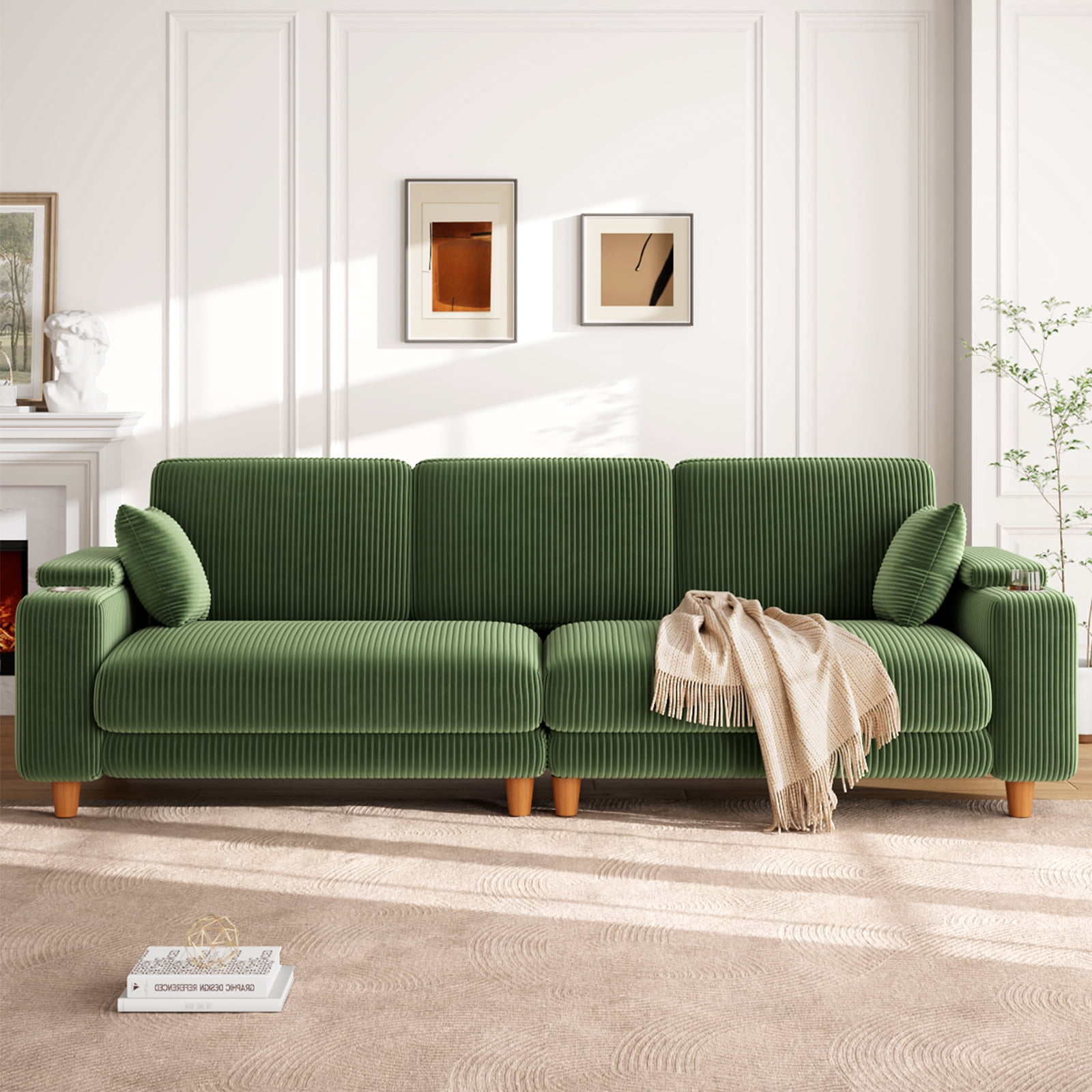 Patbrela 101" Oversized Corduroy Sofa with Storage, 24" Extra Deep Seat Couch, Comfy Upholstered with Cup Holder, 2 Pillows, Green