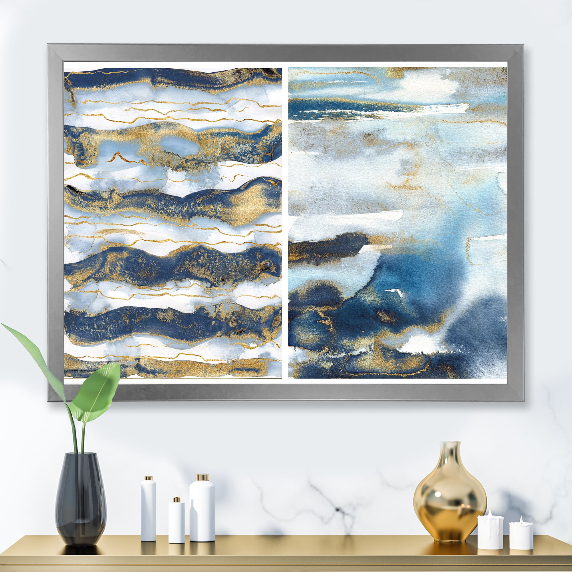 Designart 'Gold and Dark Blue Abstract Waves II' Modern Framed Art Print