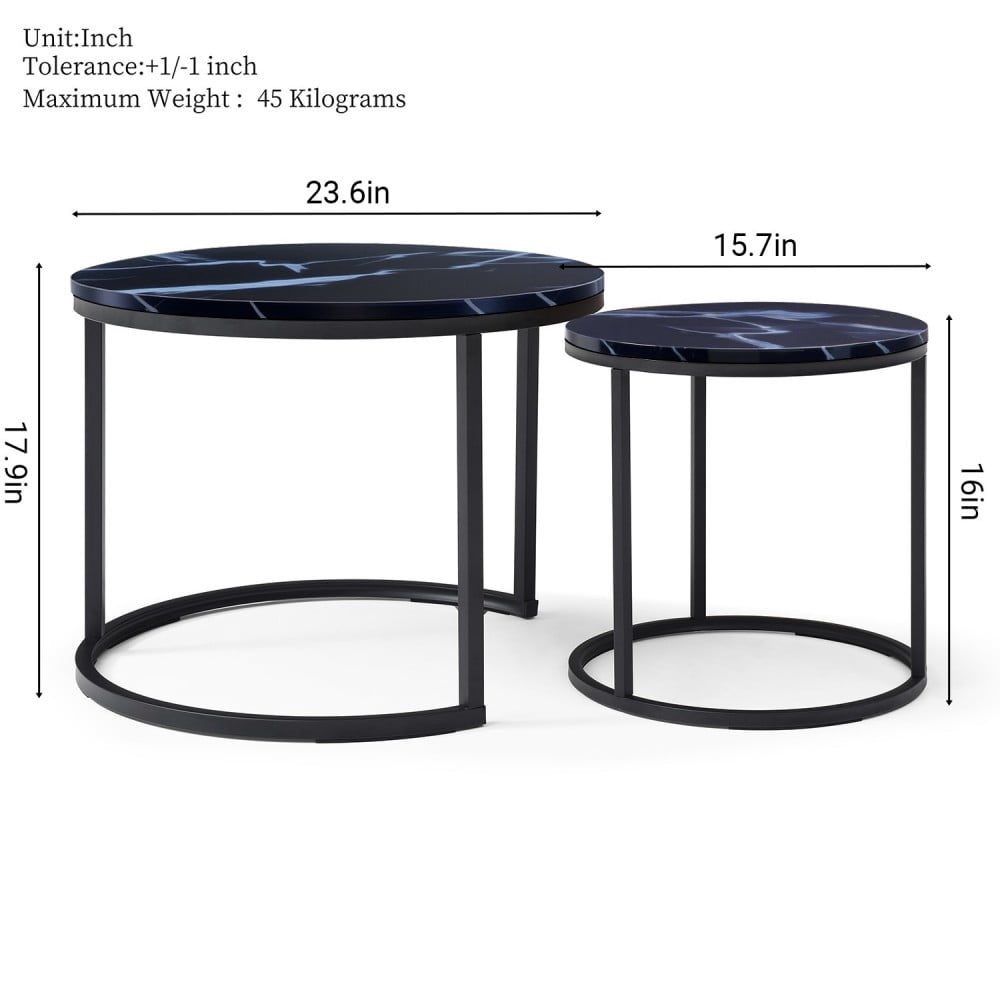 Set of 2 Nesting Coffee Tables, Black Round Marble-Look Wood Top with Black Metal Frame, Modern Industrial Side Tables, End Tables for Living Room, Bedroom