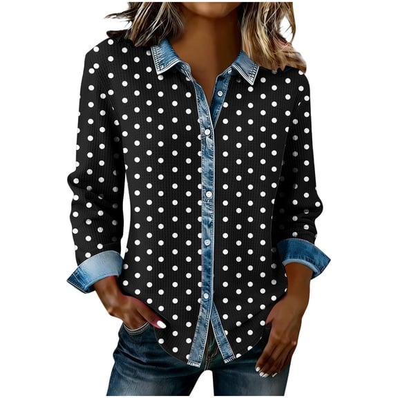 Women's Polka Dot Denim Patchwork Button Down Shirt Long Sleeve Lapel Blouse Loose Fit Casual Top