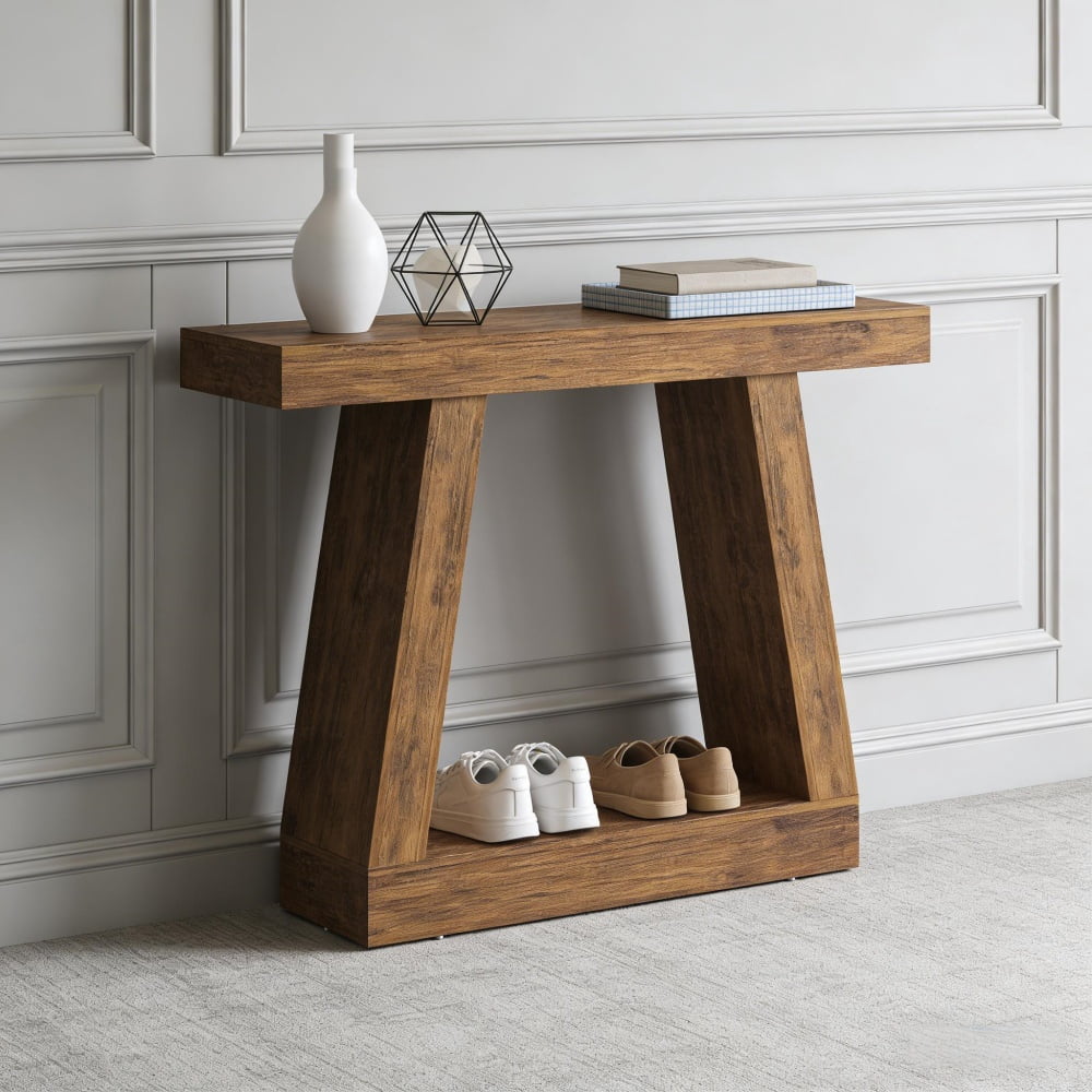 Dark Brown Console Table, 41.7” Narrow Sofa Table with Dual-Tier Storage, 55 LBS Load Capacity, Anti-Tip Kit, Scratch-Resistant Melamine for Entryway Hallway Living Room