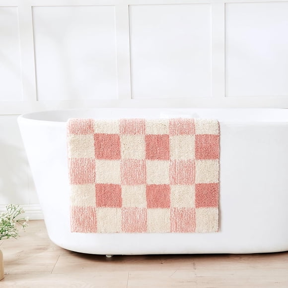CozeCube Pink Checkered Bath mats Non Slip, Fluffy Absorbent Microfiber Runner Bath mat Washable, Aesthetic Bathroom Rugs, Long Bath mat for Bathroom Floor, 47"X24"