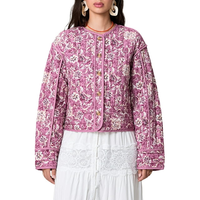 Gupgi Women Floral Puffer Jacket Round Neck Long Sleeve Button Down Cardigan Winter Fall Coat