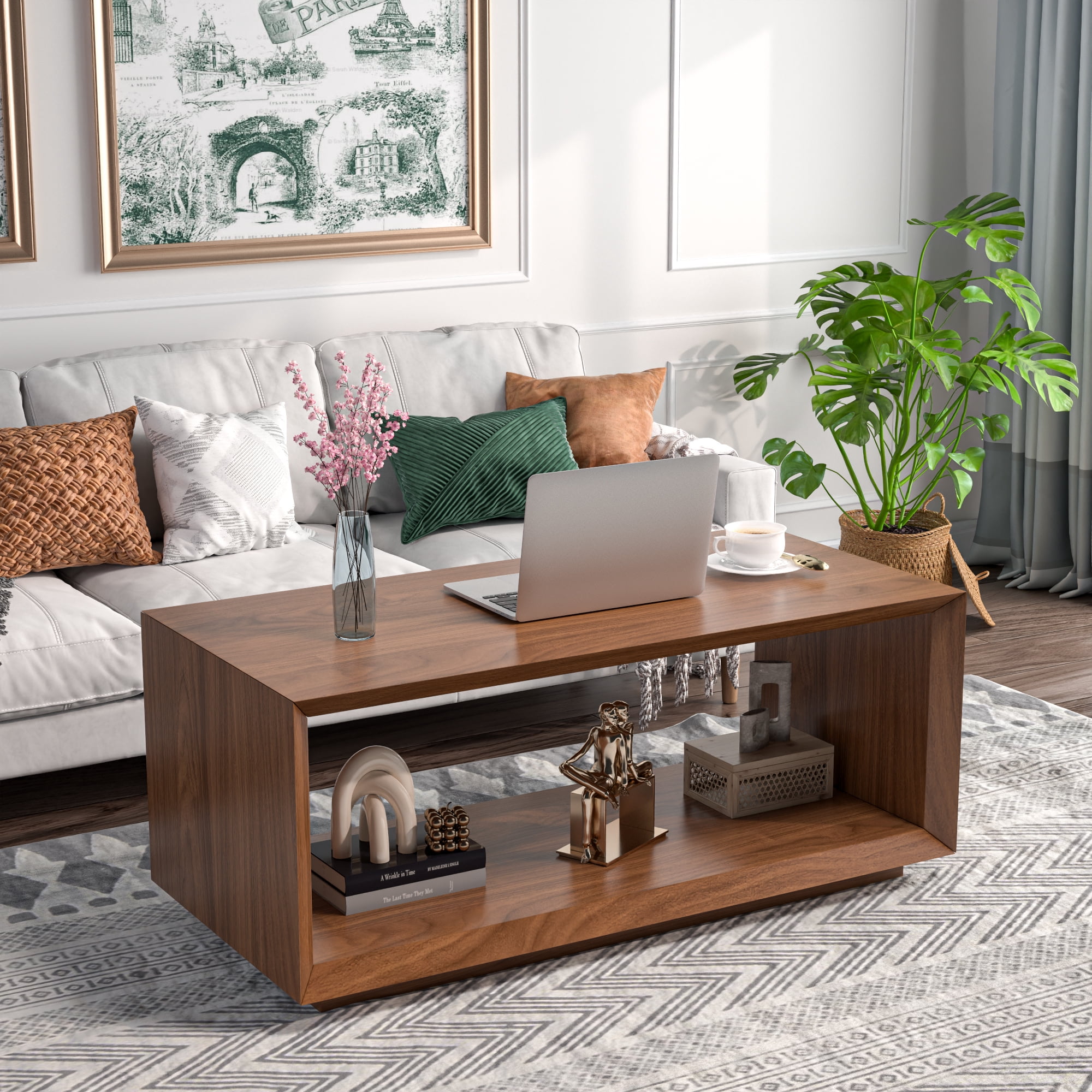Farmhouse Wood Coffee Table, Rectangle Coffee Table, Simple 2-Tier (Walnut)
