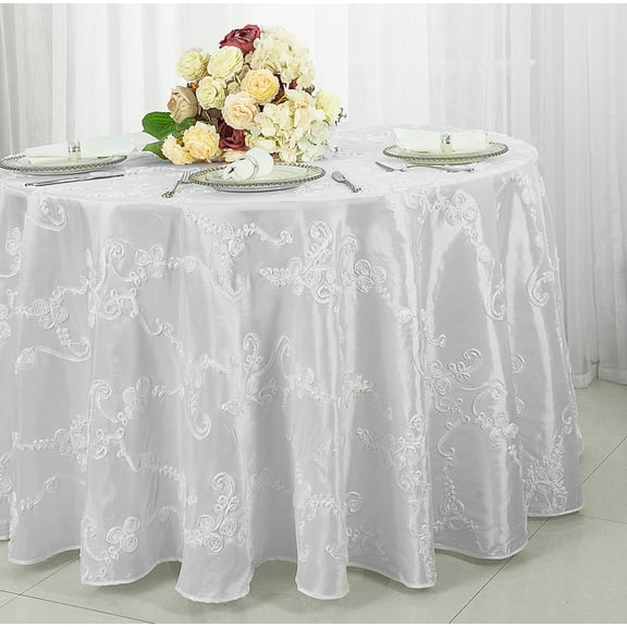 Wedding Linens Inc. 120" Round Seamless Ribbon Taffeta Tablecloth for Wedding, Luxury Events, Party use - White