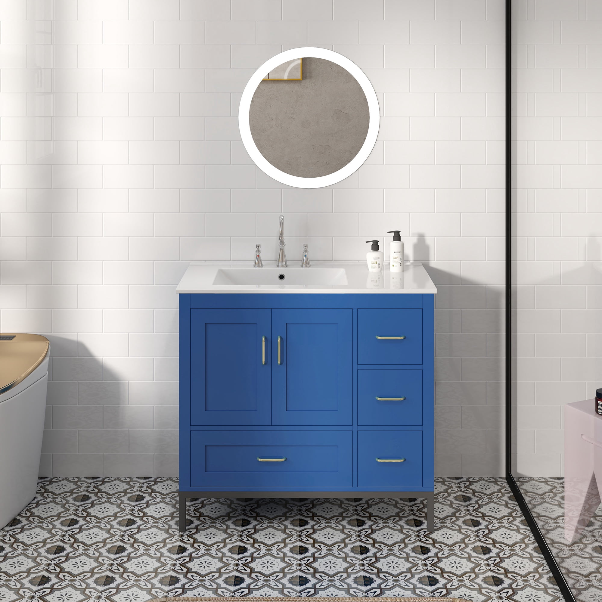 PORKISS Bathroom Vanity, Wooden Bathroom Vanity with Pedestal Under Sink, Freestanding Render Vanity with 2 Doors and 4 Drawers, Modern Vanity Cabinet for Bathroom, Blue