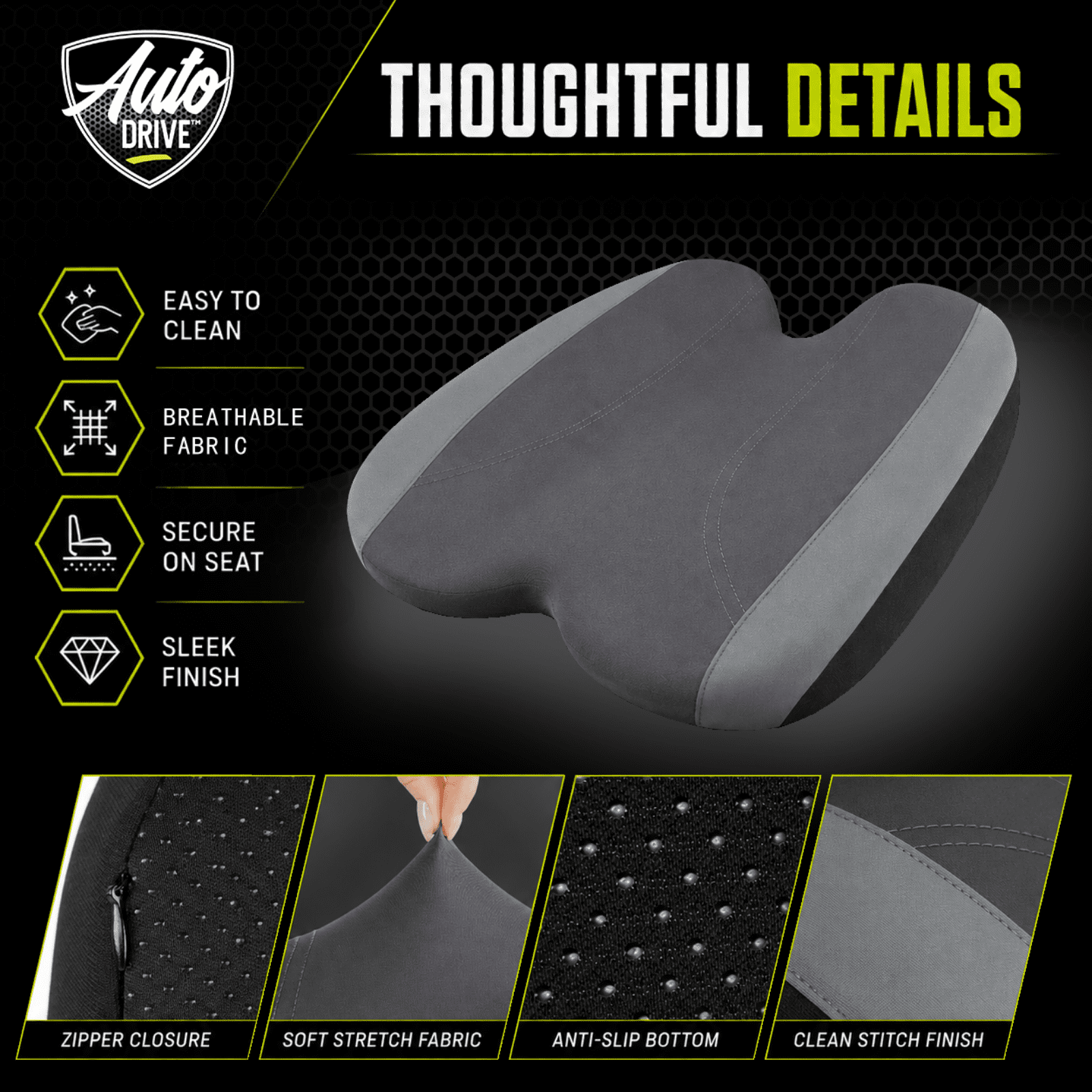 Auto Drive Waterproof Seat Cushion, Comfortable Car Seat Cushion Pad with Ergonomic Support, Non-Slip Seat Cover for Car Driver Seat, Universal Fit, Black&Gray