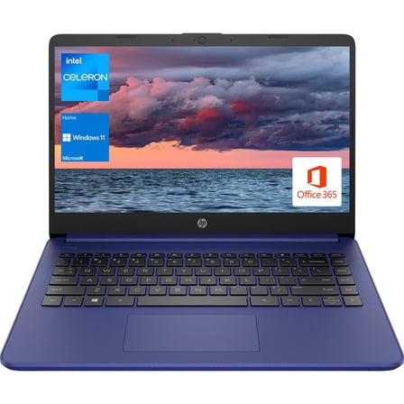 HP Essential Laptop, 14" HD Display, Intel Celeron N4120, 16GB RAM, 64GB eMMC 256GB Micro SD, Webcam, HDMI, Wi-Fi, RJ-45, 1 Year Office 365, Windows 11 Home, Blue