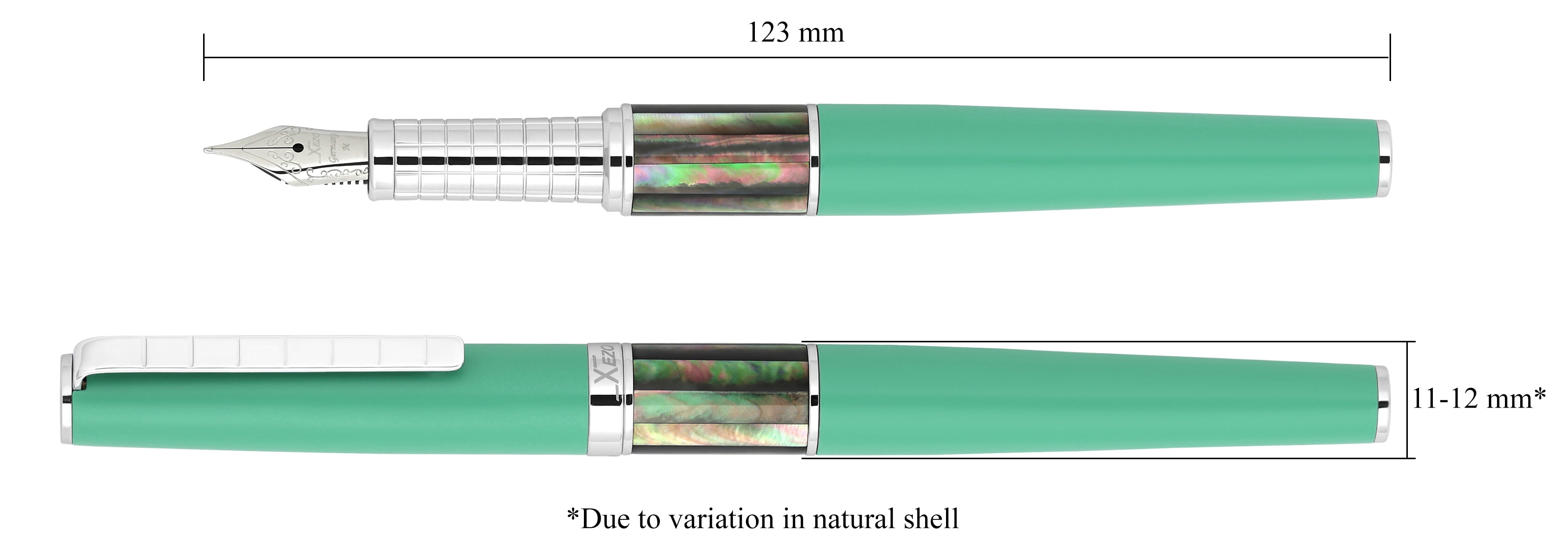 Xezo Speedmaster® Aqua Green Brass Fountain Pen (Medium Nib) - With Tahitian Black Mother of Pearl