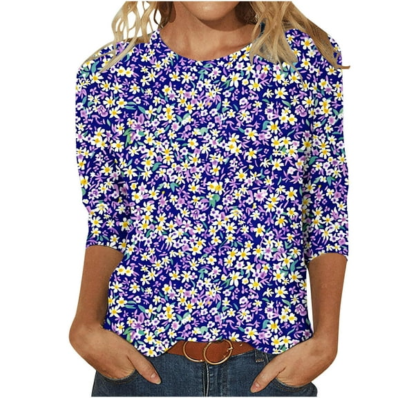 LYXSSBYX 3/4 Length Sleeve Womens Tops Women's Fashion Casual Crewneck 3/4 Sleeve T-Shirts Floral Print Basic Tops Tees Blouses