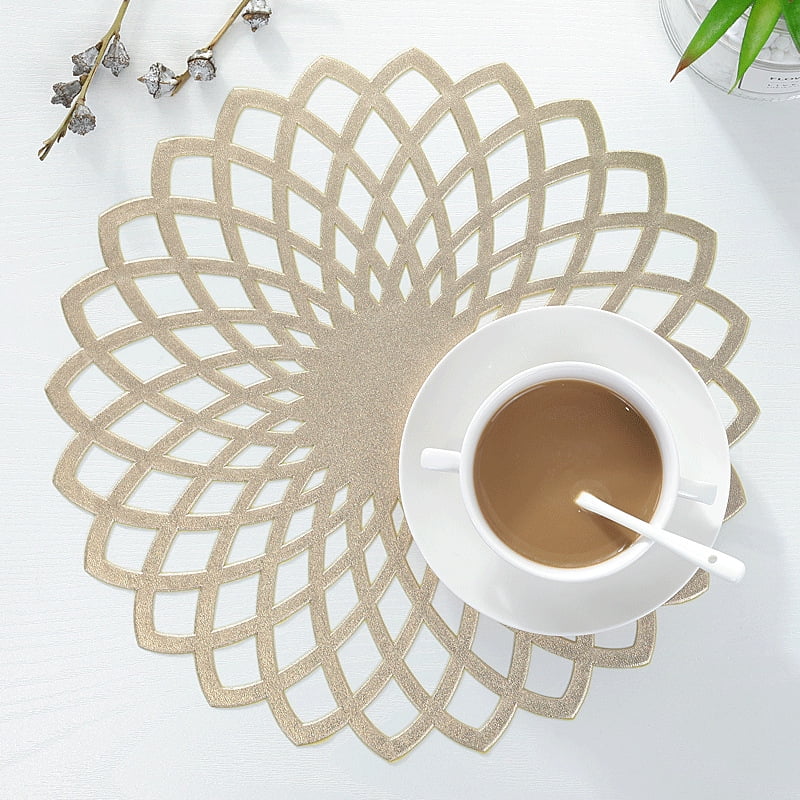 Set of 6 Champagne placemats Pressed Vinyl Round Metallic Geometric