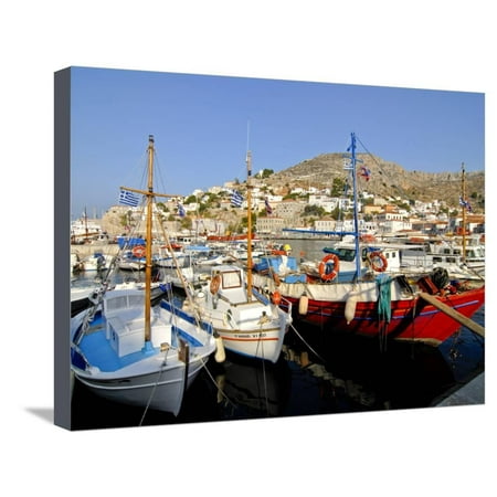 Small Boats in the Harbour of the Island of Hydra, Greek Islands, Greece, Europe Stretched Canvas Print Wall
