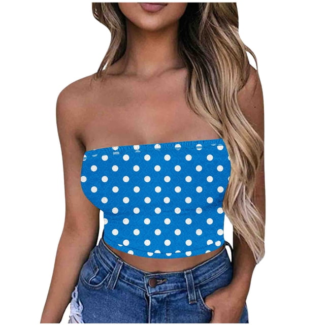 Tube Top for Women, Sleeveless Strapless Solid Color Polyester Top, Regular Length, Blue, Casual Summer Wear for Daily Use