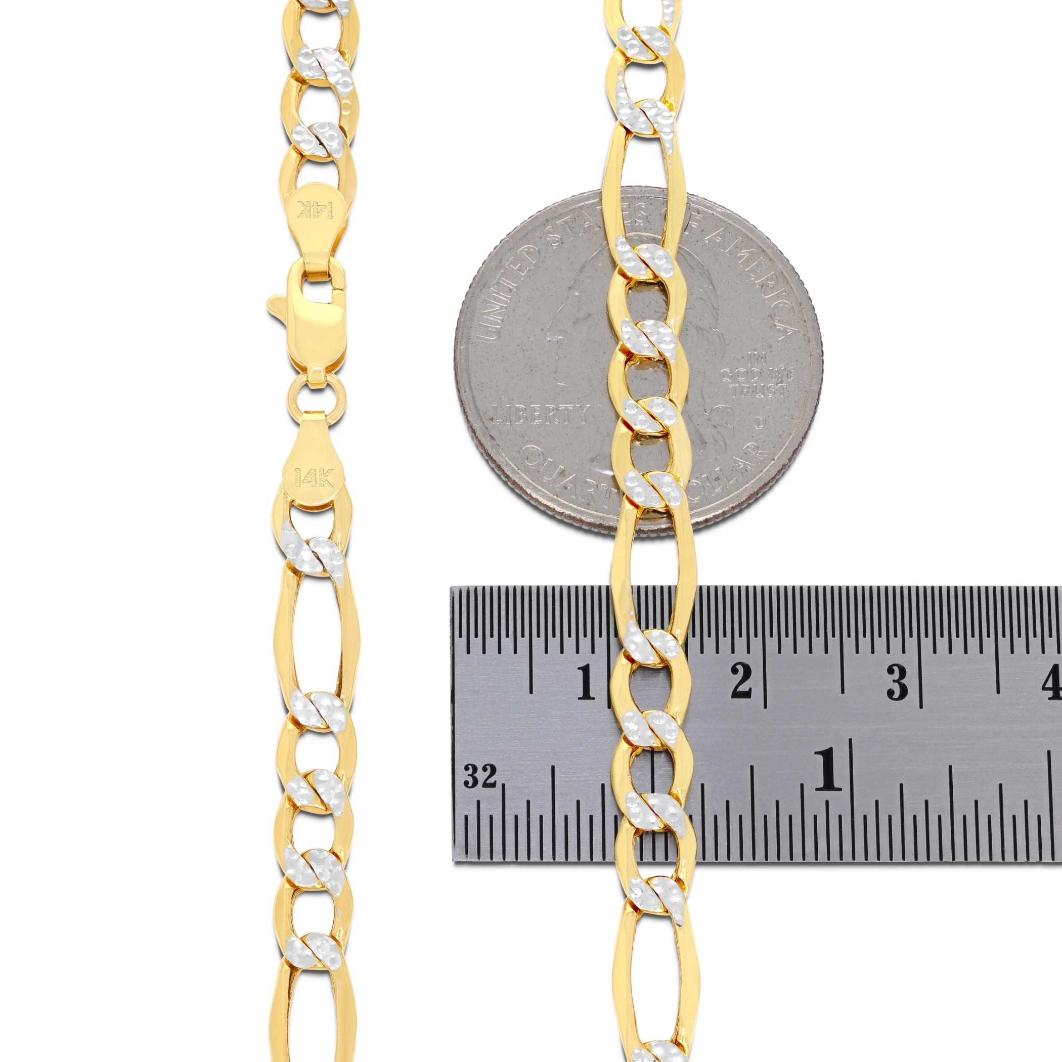 Nuragold 14k Real Yellow Gold Figaro Link 5.5mm Diamond Cut Two Tone Pave Chain Necklace (16"-30") Italian Jewelry for Men & Women