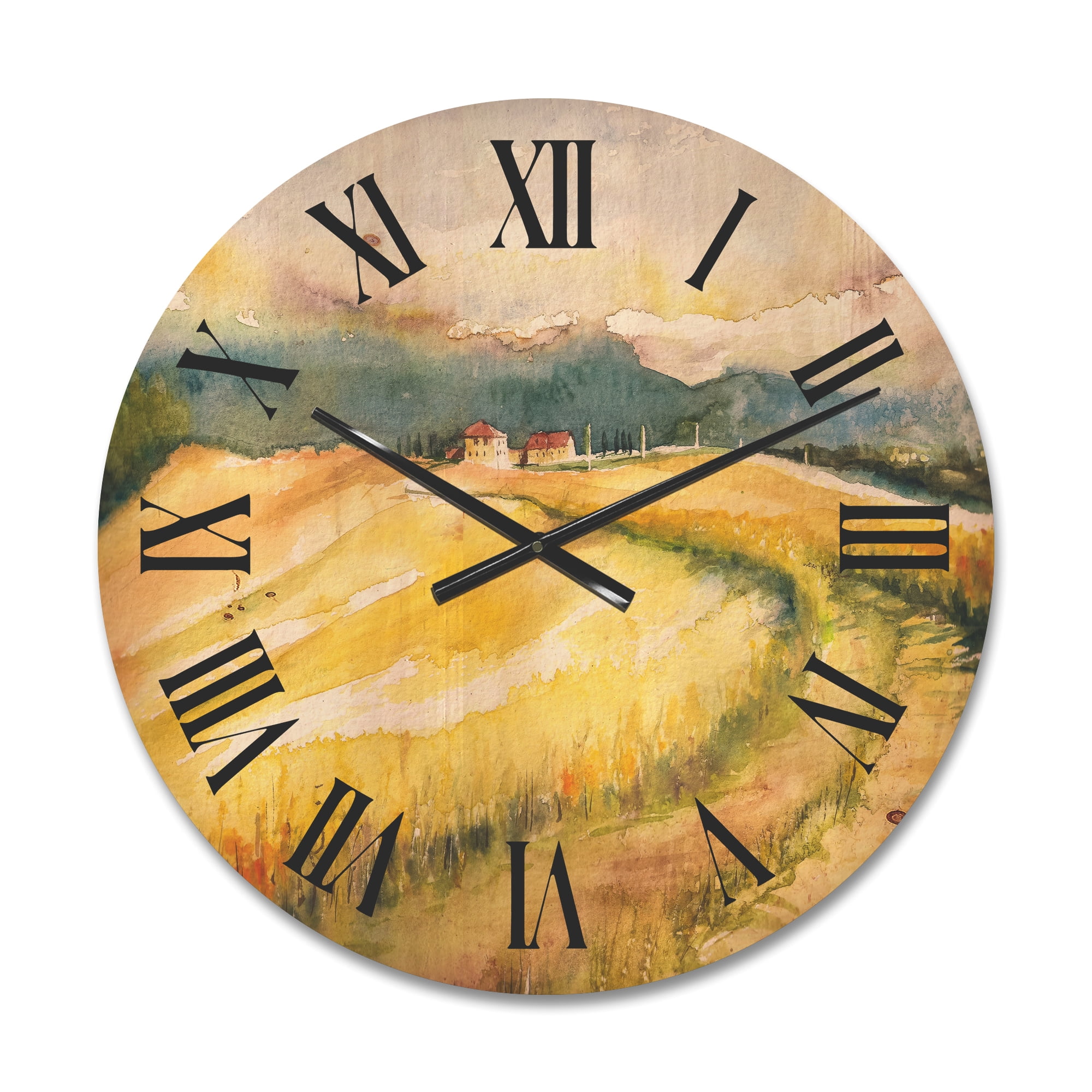 Designart 'Golden Grass Fields of Tuscany Italy' Country Wood Wall Clock photo