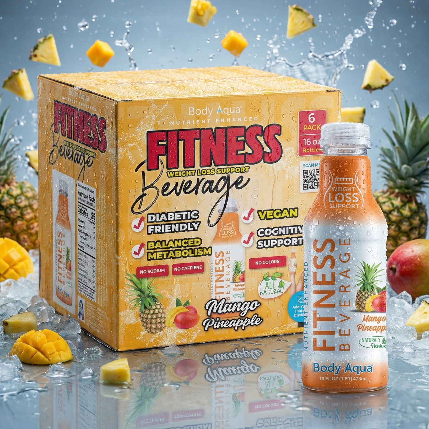 Body Aqua Fitness Beverage Watermelon Peach Mango Pineapple Flavor No Sugar Added Caffeine-Free 12 Pack 16 fl oz