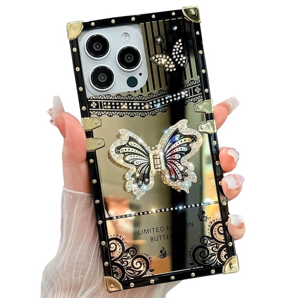 Funda compatible con iPhone de 16 a 6,1 pulgadas con purpurina de lujo, diseño de mariposa, plegable, con soporte, suave, con efecto espejo de policarbonato, antideslizante, para mujeres y niñas