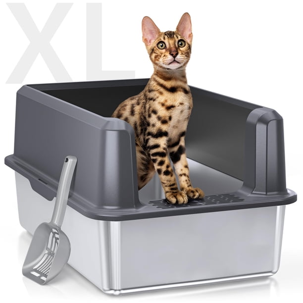 Caja de arena de acero inoxidable con lado alto XXL extragrande para gatos grandes y múltiples gatos antiadherente sin fugas de orina fácil de limpiar