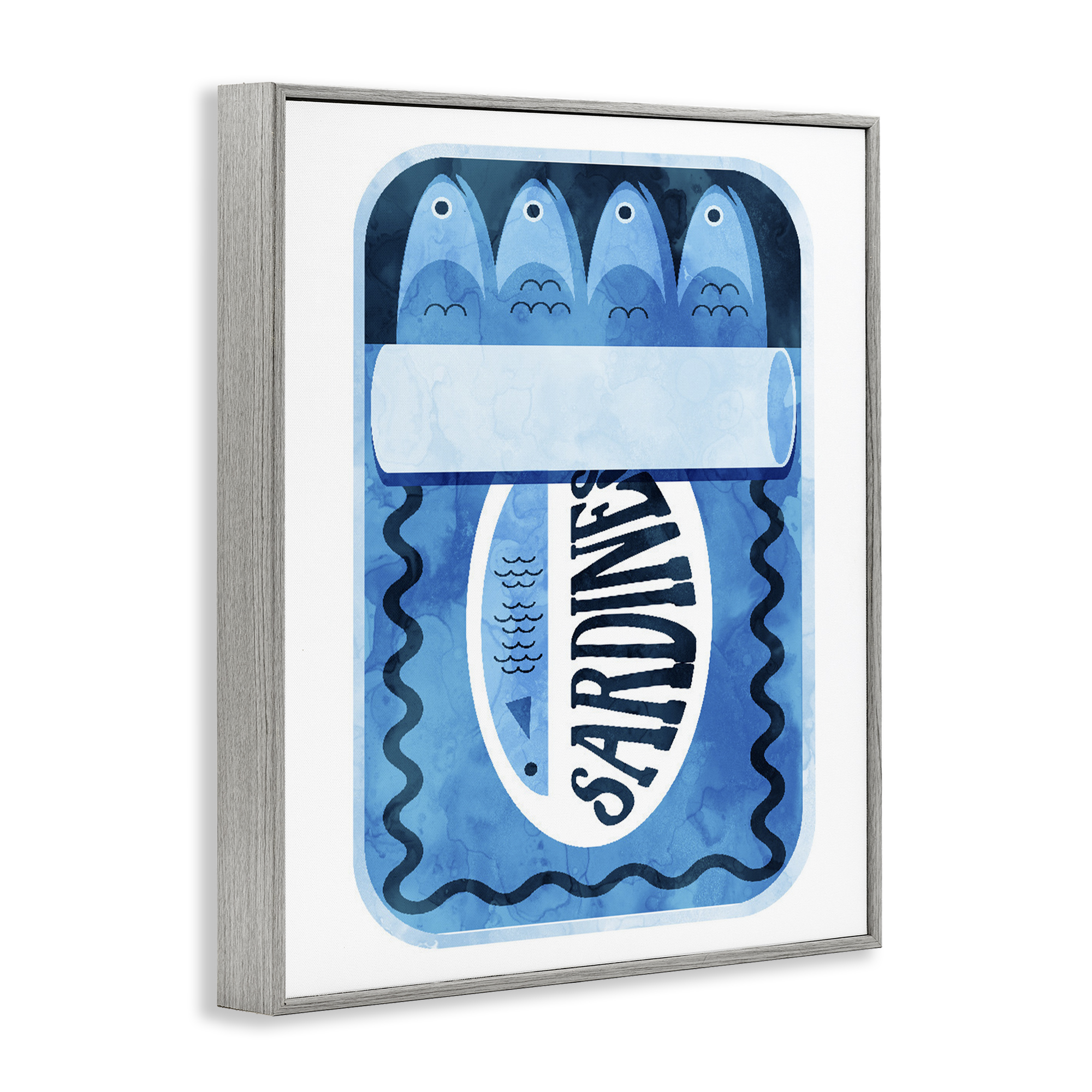 Retro Blue Sardine Tin Gray Framed Giclee Art, design by Daphne Polselli