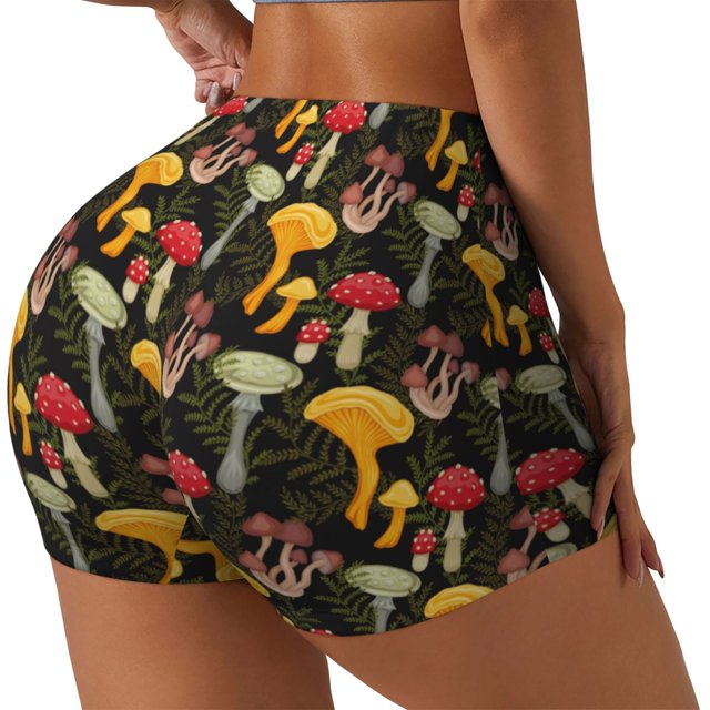 Balery Mushrooms And Fern Stems Pantalones cortos de entrenamiento estampados para mujer, sin costuras, ajustados, para gimnasio, yoga, correr, deportes, ejercicio activo, fitness.-Small