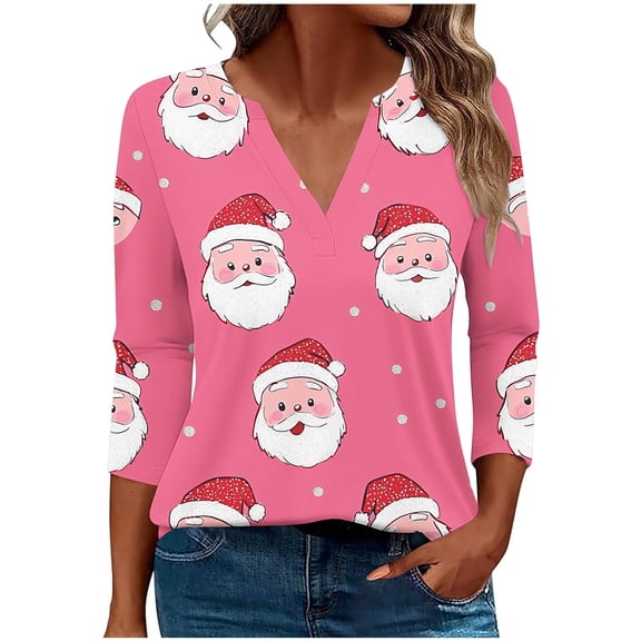 Fall Fashion Must Haves Women's V Neck Santa Claus Print 3/4 Sleeve Tops Tees Tshirts Shirts Blouse for Christmas Holiday Parties Women Fall Clothes