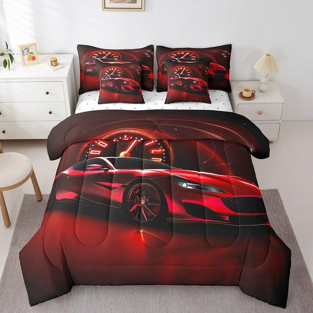 Ensemble de Literie Voiture de Sport Rouge Grand 7 Pcs, Ensemble de Literie Sport Extrême Voiture de Course Vitesse Véhicules Automobiles Compteur de Vitesse avec Couette