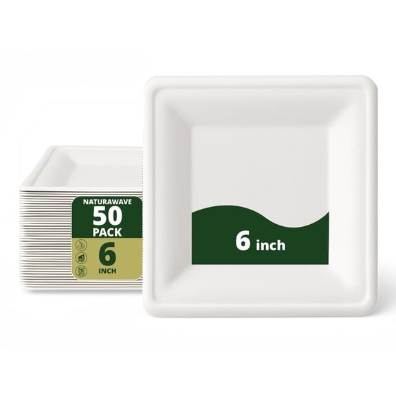 100% Compostable 6" Square Paper Plates [50-Pack] - BPI Certified - [6 Inch] Heavy Duty, Eco-Friendly, Biodegradable Bagasse Dinner Plates - White 6 Inches Plate