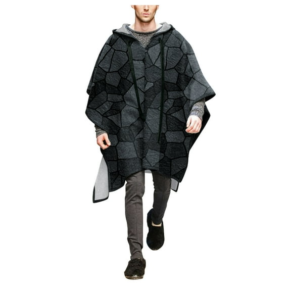 AWZXDE Men's Cape Poncho Hooded Blanket Sweater, Plaid Print Fall and Winter Fashion Wear Black,M