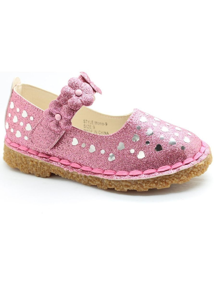 Little Girls Pink Glitter Heart Floral Accent Dress Shoes