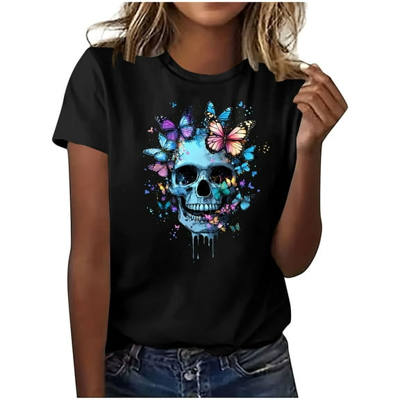 Karight Women Funny Shirts Novelty Skull Graphic Tees Vintage Skeleton Tshirt Casual Gothic Short Sleeve Holiday Tops Made in USA