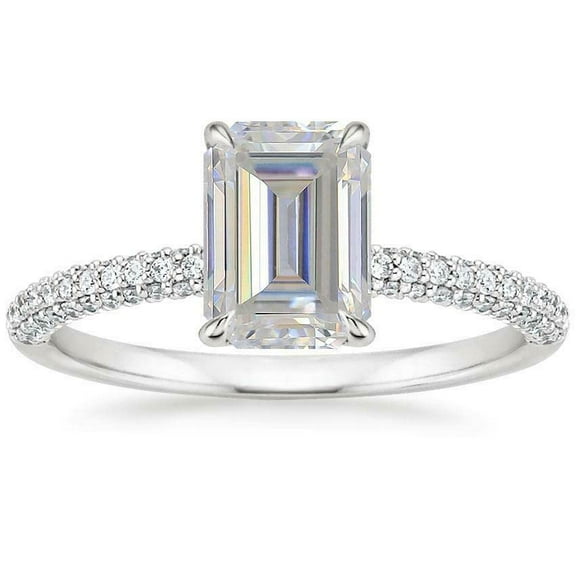 HeartsAndYou 4ct Emerald Moissanite Engagement Ring for Women 18k White Gold over Silver Hidden Halo Solitaire