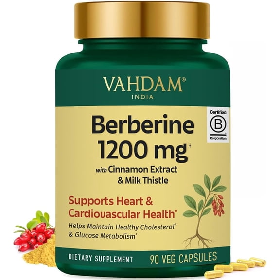 VAHDAM Berberine 97% HCL 1200mg Extract with Cinnamon and Milk Thistle | Supports Heart Health and Helps Maintain Healthy Cholesterol & Glucose Metabolism | 90 Veg Capsules