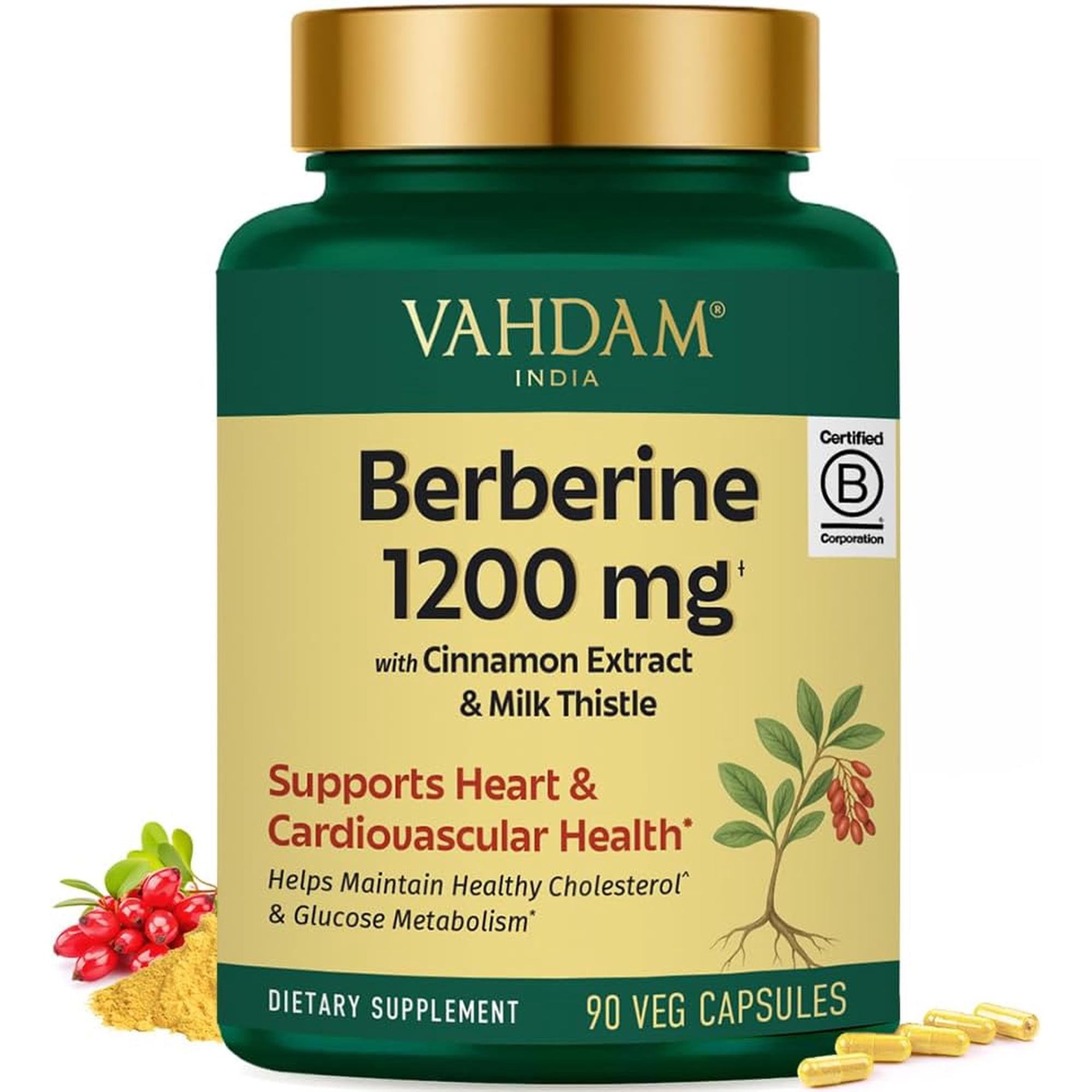 VAHDAM Berberine 97% HCL 1200mg Extract with Cinnamon and Milk Thistle | Supports Heart Health and Helps Maintain Healthy Cholesterol & Glucose Metabolism | 90 Veg Capsules