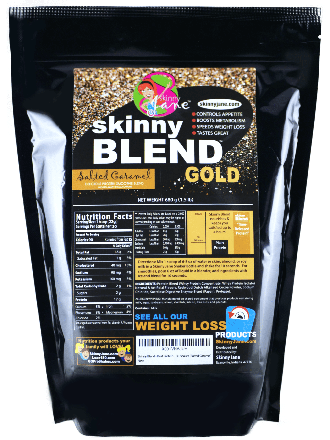 Skinny Blend Gold! - Best Tasting Protein Weight Loss Shake, Delicious Smoothie - Low Carb, Low Sugar Diet Supplement - Weight Control - (30 Servings, Salted Caramel)