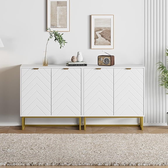 Modern White Sideboard Buffet Cabinet Set of 2 Wood Accent Storage with Herringbone Doors & Shelves Credenza Console Table for Living Room, Dining Room, Entryway