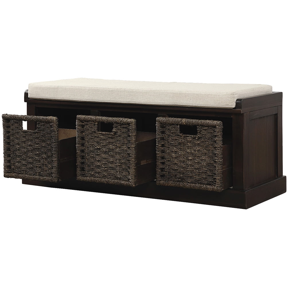 Hommoo Rustic Storage Bench with 3 Removable Classic Rattan Basket ...