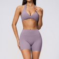 thumbnail image 5 of Telankuip Womens 2 Piece Workout Gym Outfits Tummy Control High Waist Stretch Seamless Tight Shorts Matching Sleeveless Deep V-Neck Halter Yoga Bra with Padded Casual Sports Sets 3-Purple XL, 5 of 5