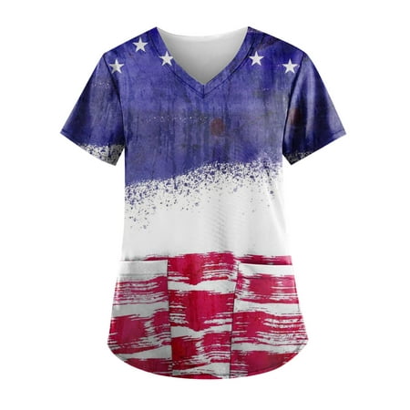 

Sksloeg Women Scrub Tops Stretchy American Star Stripes Pattern Patriotic Tops Nursing Working Uniform Short Sleeve V-Neck T-Shirts with Pockets Blue XXXXXL