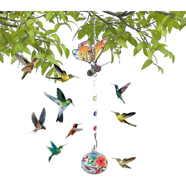 Comederos para pájaros de cristal con forma de campanas de viento y forma de libélula, encantadores comederos para colibríes para colgar al aire libre, comedero para colibríes de cristal soplado a man