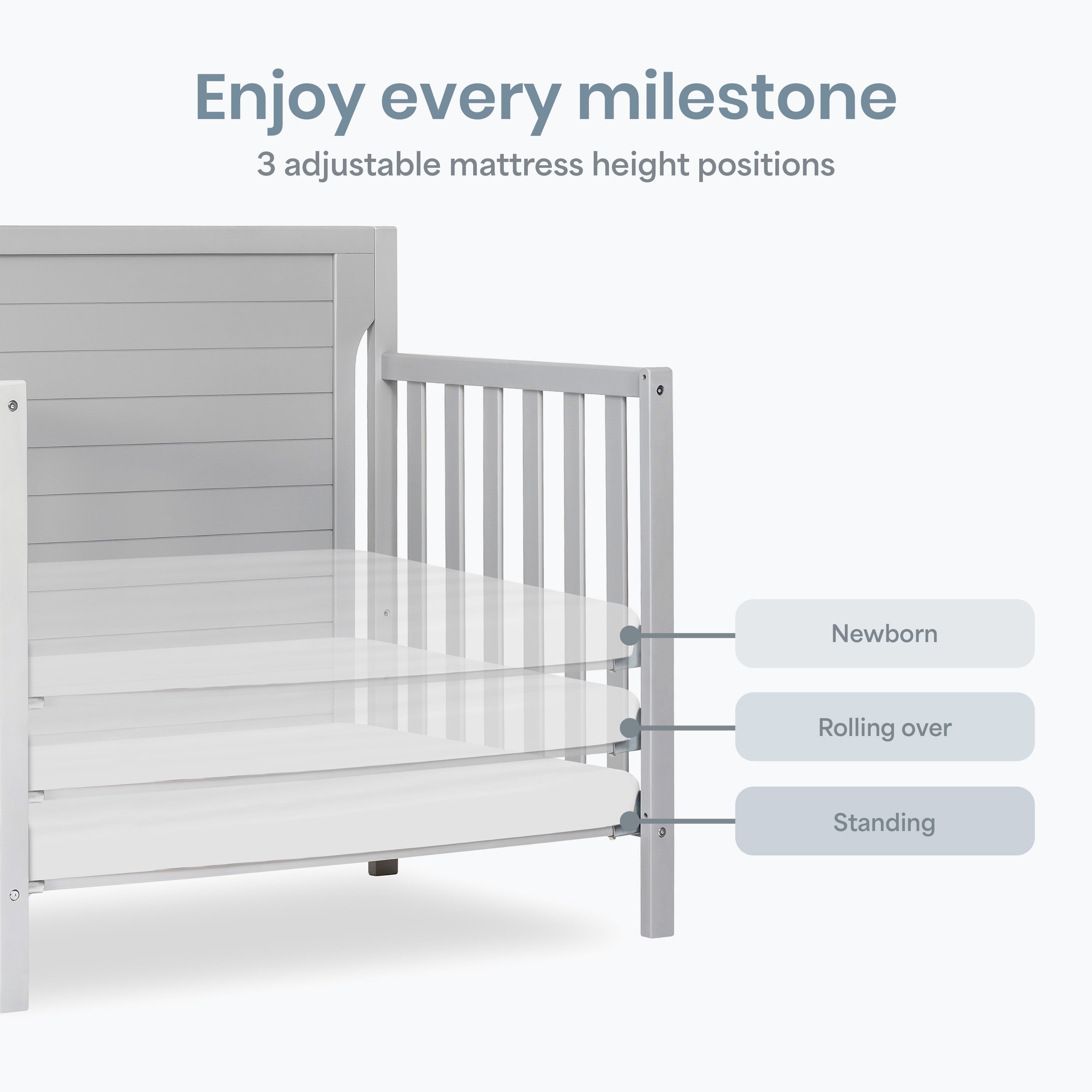 Dream On Me Bellport 4 in 1 Convertible Mini/Portable Crib in Pebble Grey, Non-Toxic Finish, Made of Sustainable New Zealand Pinewood, with 3 Mattress Height Settings