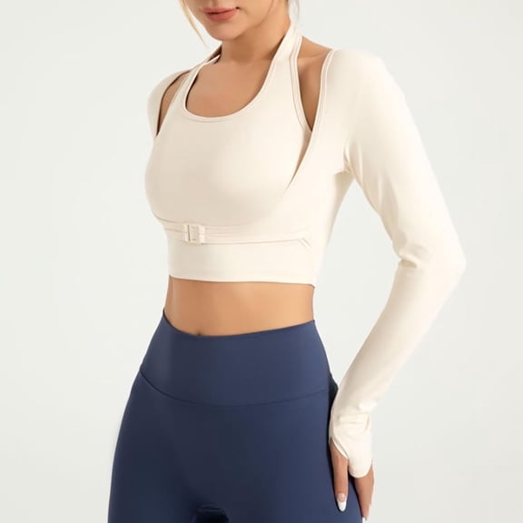 Uootdi Workout Tops for Women Halter Cropped Long Sleeve Shirts with Thumbhole Gym Athletic Yoga Compression Shirt Gift