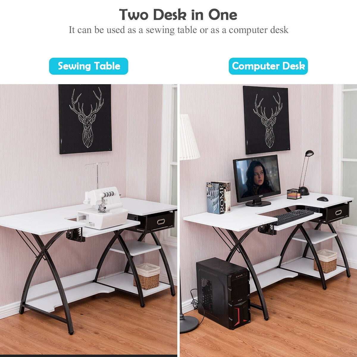 Costway Sewing Craft Table Folding Computer Desk Adjule Platform W Drawer Shleves