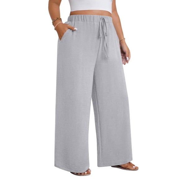 Dwellite Women's Plus Size Wide Leg Pants High Waist Loose Casual Palazzo Trousers with Pockets Spring Gray 4XL