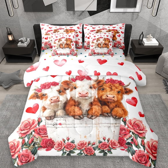 Erosebridal Red Flowers Blossom 7-Piece Twin Bedding Sets,Cute Farm Highland Cow Bedding Comforter Set For Men Women,Reversible