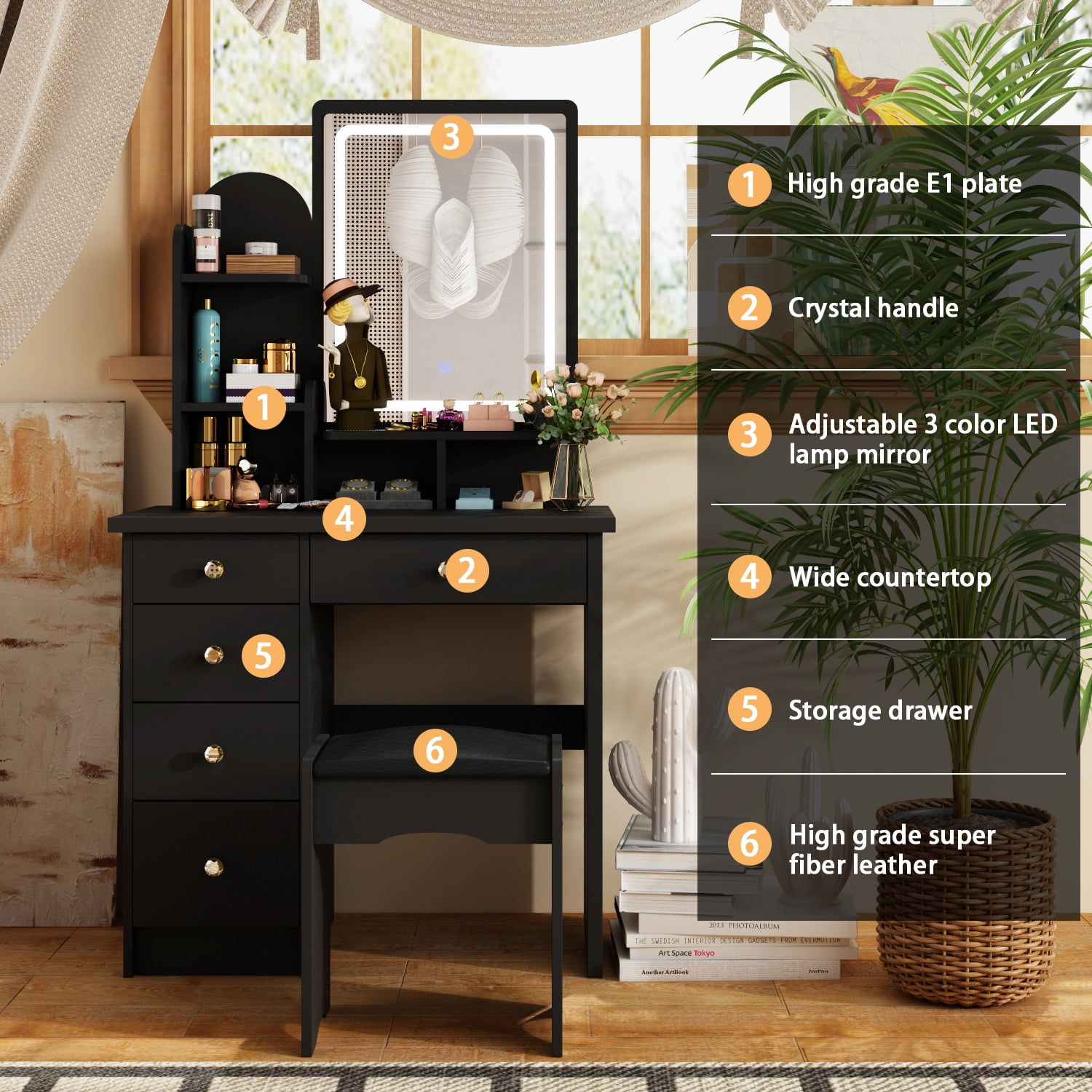KULAGAGA Makeup Table with Light Mirror, Vanity Drssing Table with Drawers for Bedroom Black