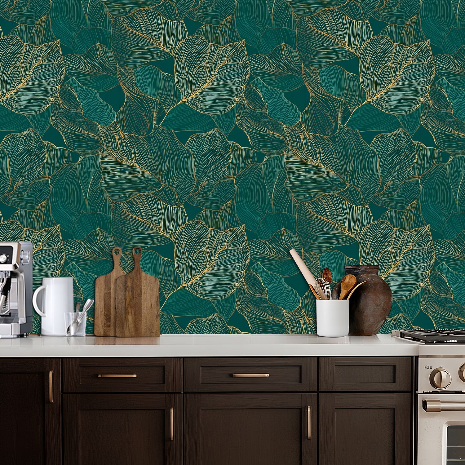 Peel and Stick Wallpaper 17.7in x 9.8ft Abstract Botanical Delicate Golden Leaf Lines Dark Green Contact Paper Vinyl Self-Adhesive Removable Wall Paper for Bedroom DIY Home Decor Renter Friendly
