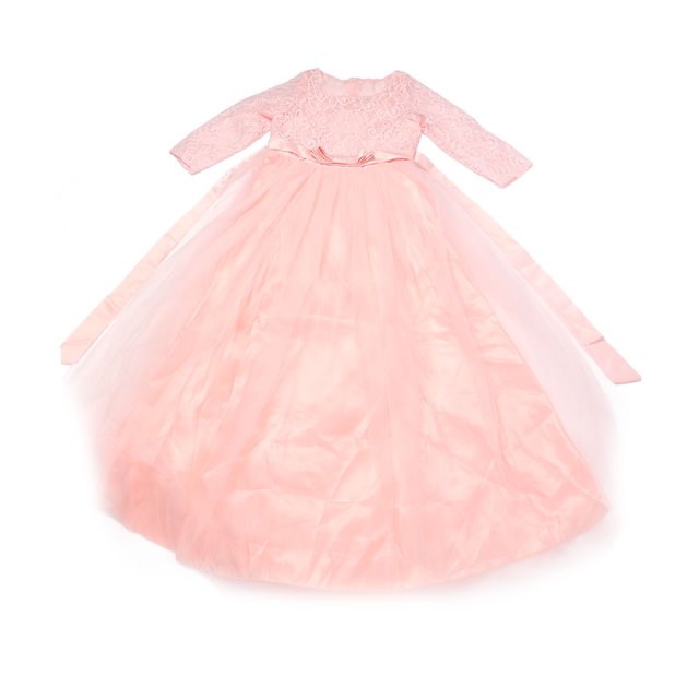 Vestido de actuación para niña, de encaje, de manga larga, estilo princesa, con lazo, color puro, rosa