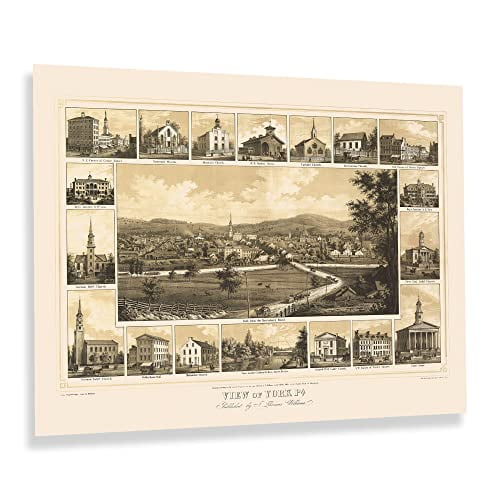 HISTORIX Vintage 1852 York Pennsylvania Map Print - 18x24 Inch Old View of York Pennsylvania Wall Map - History Map of Pennsylvania Poster Wall Art